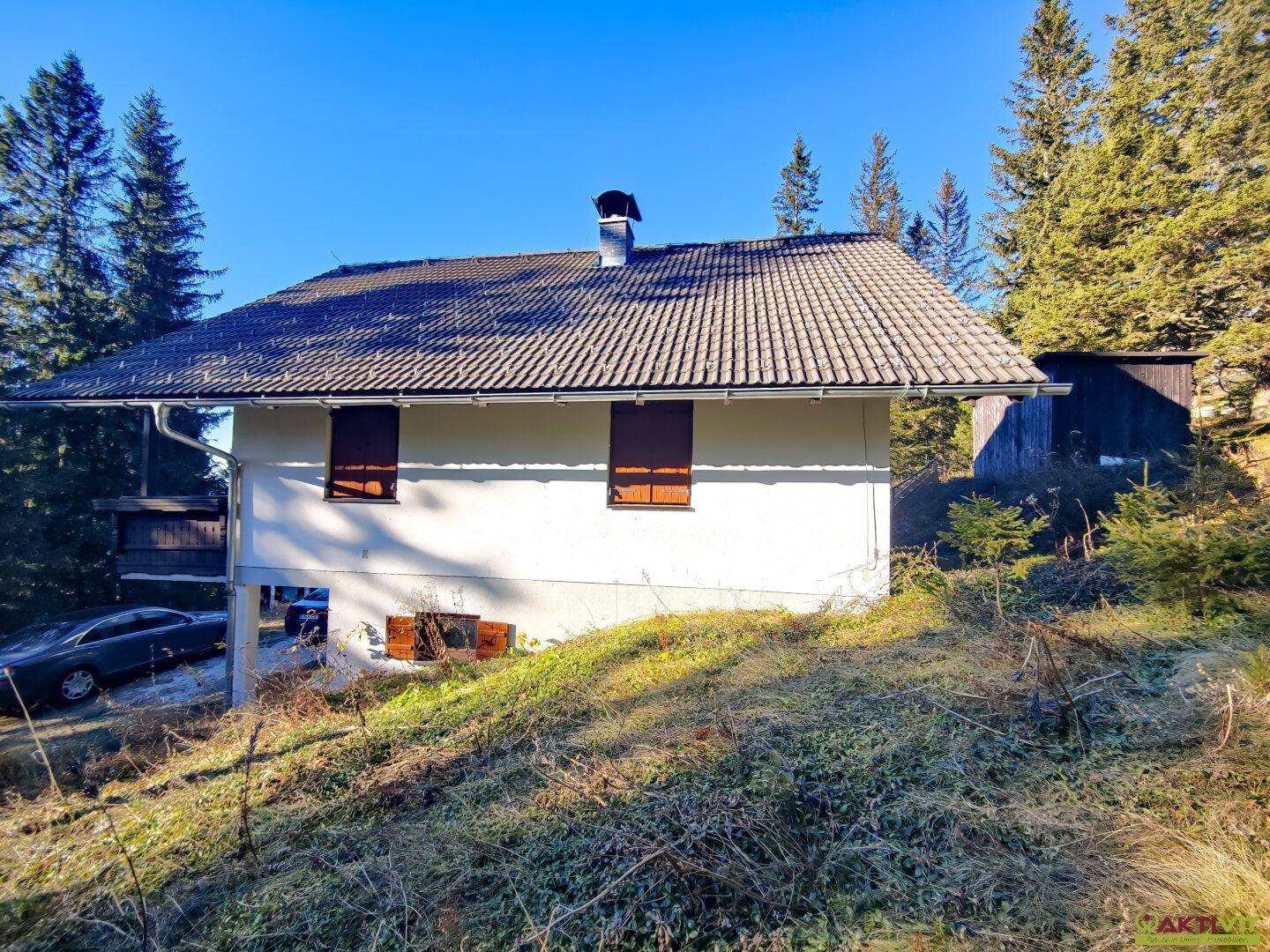 Seitenansicht des Hauses mit Fenstern und einem geparkten Auto, umgeben von Bäumen und Natur.