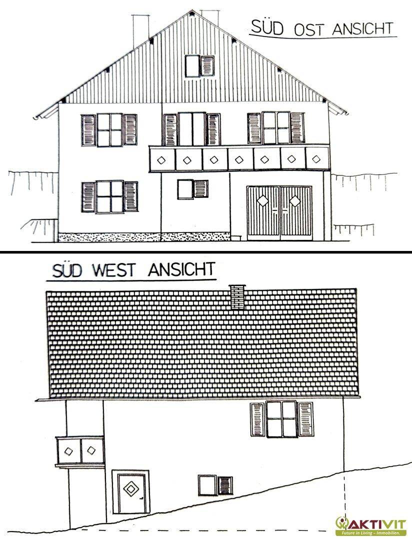 Architektonische Ansichten des Hauses von Südost und Südwest mit Fenstern und Balkon.