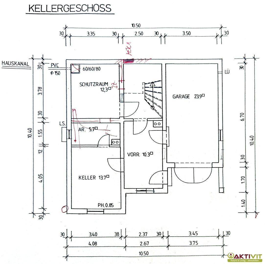 Grundriss des Kellergeschosses mit Garage, Kellerraum, Schutzraum und Abstellraum.