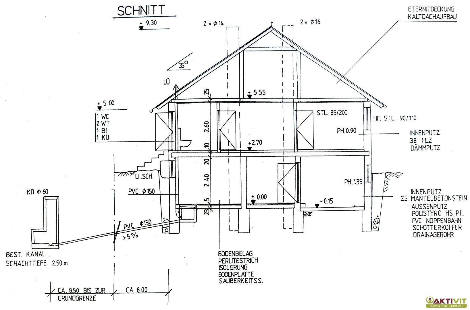 Architektonischer Schnitt des Hauses zeigt die Geschosse und Dachkonstruktion mit Details.