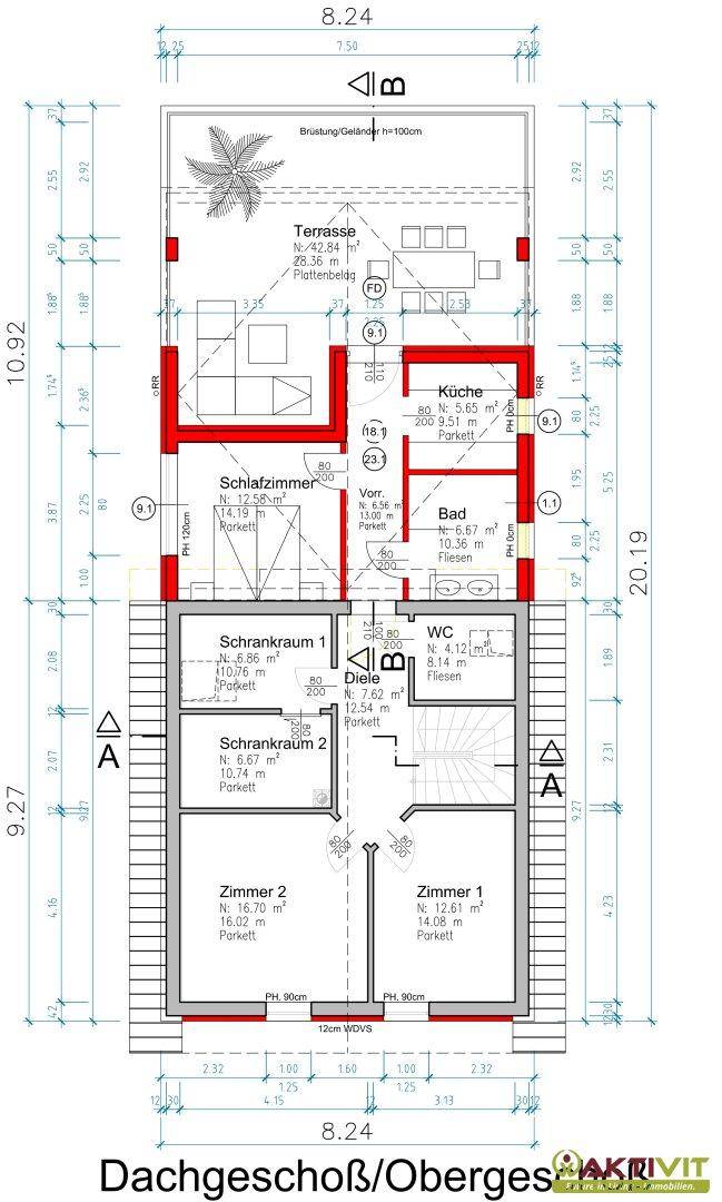 Grundriss des Dachgeschosses mit Schlafzimmern, Bad, Diele und großer Terrasse.