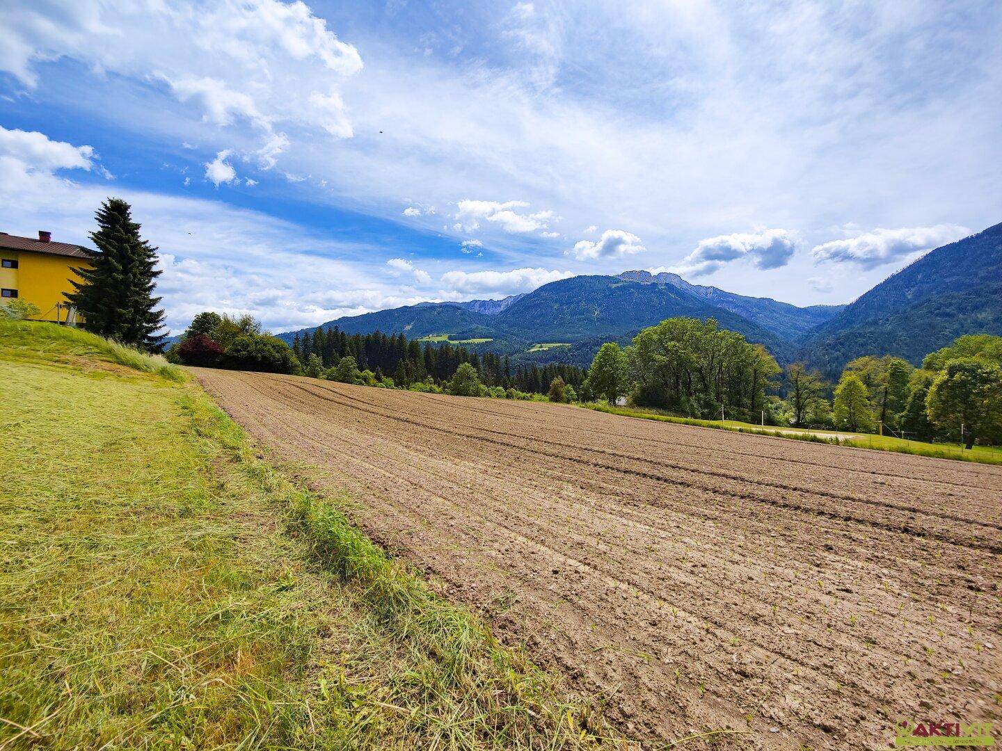 Ackerland neben einem Haus, umgeben von Wald und Bergen unter einem bewölkten Himmel.