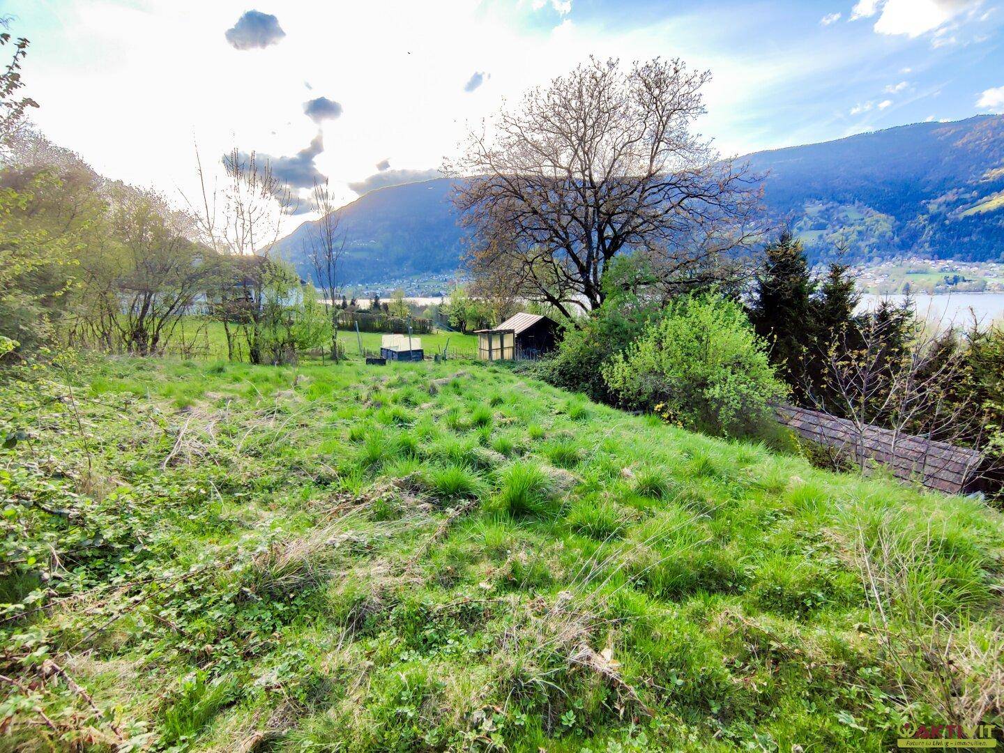Weitläufige Grünfläche mit Bäumen, einem kleinen Schuppen und Panoramablick auf See und Berge.