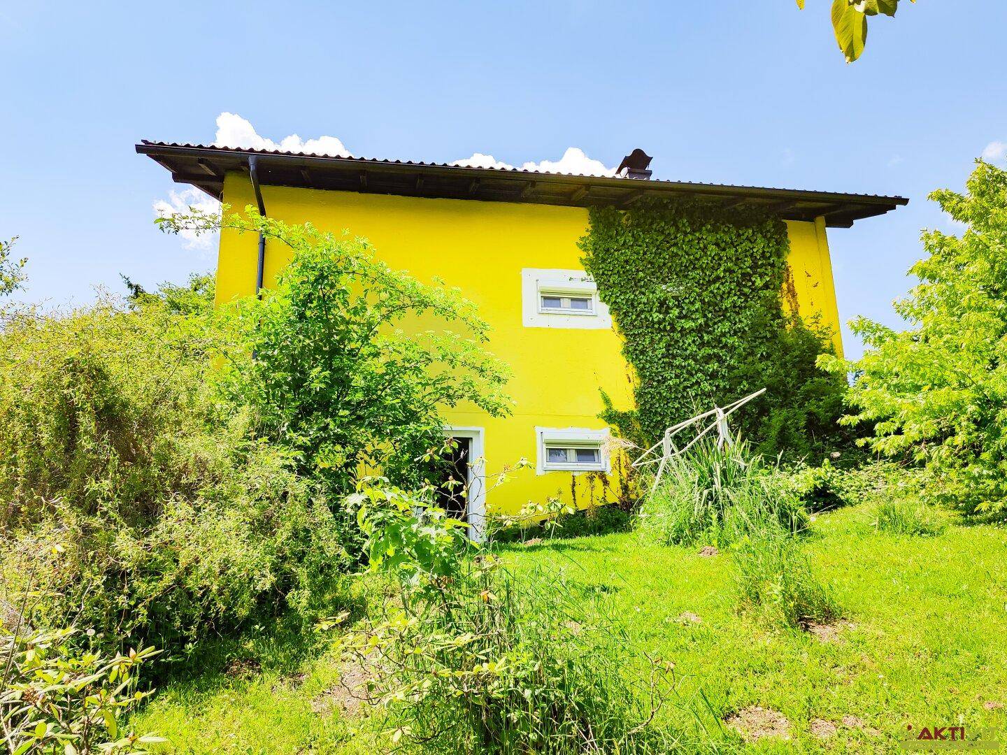 Rückseite des Hauses mit gelber Fassade, bewachsenen Wänden und einem weitläufigen Garten.