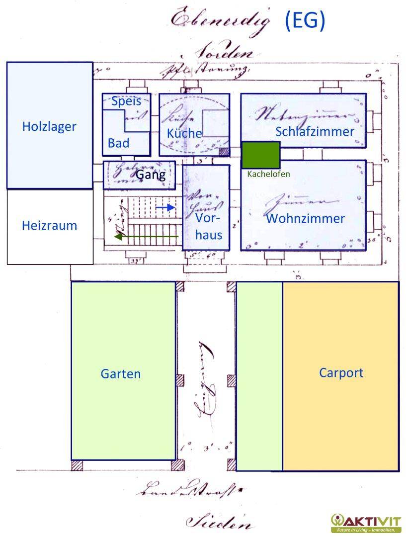 Grundriss des Erdgeschosses mit Wohnzimmer, Schlafzimmer, Küche, Bad und Garten.