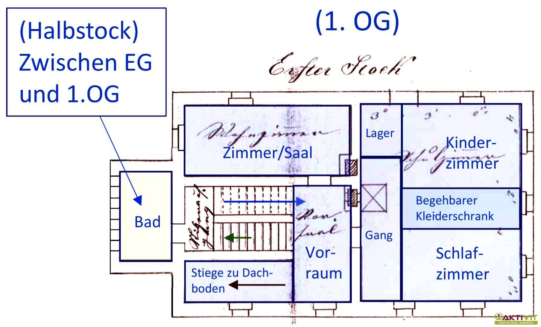 Grundriss des ersten Obergeschosses mit Schlafzimmern, Kinderzimmer, Bad und begehbarem Kleiderschrank.