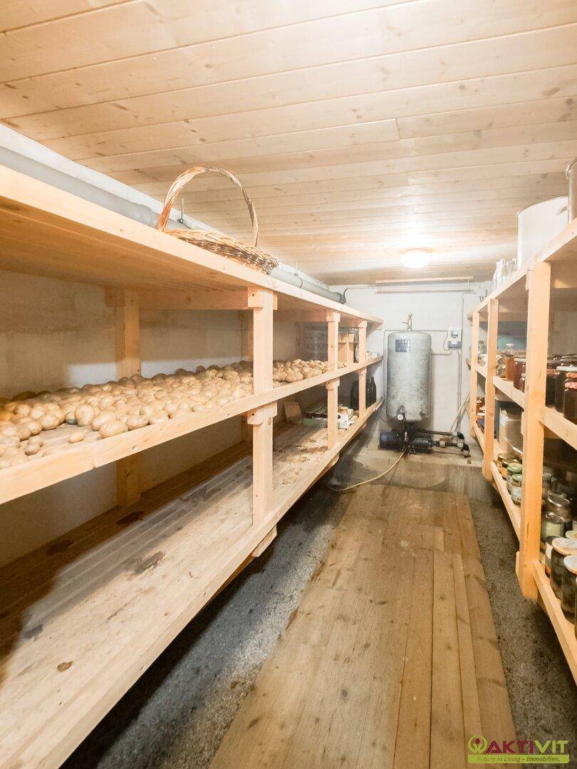 Geräumiger Kellerraum mit Holzregalen zur Lagerung von Lebensmitteln und einem Warmwasserspeicher.