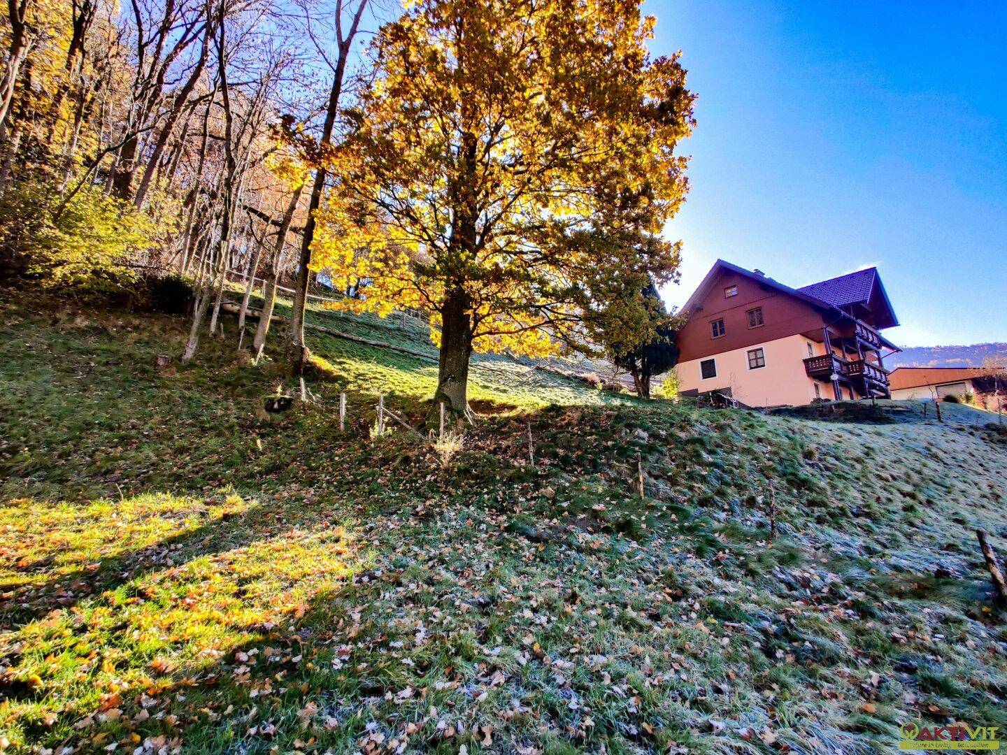 Wohnhaus am Hang, umgeben von herbstlichen Bäumen und frostigen Wiesen, mit Blick auf die Natur.