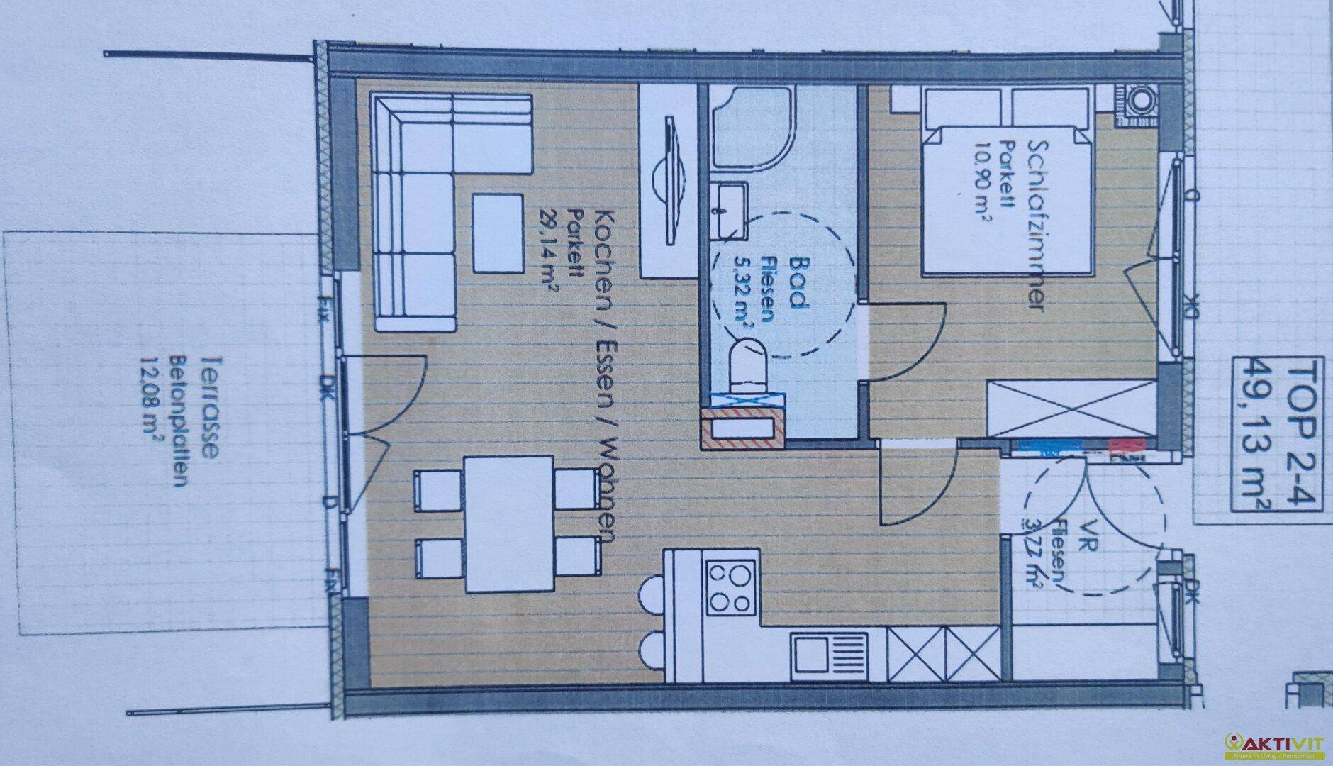 Grundriss einer Wohnung mit offenem Wohnbereich, Schlafzimmer und Terrasse.