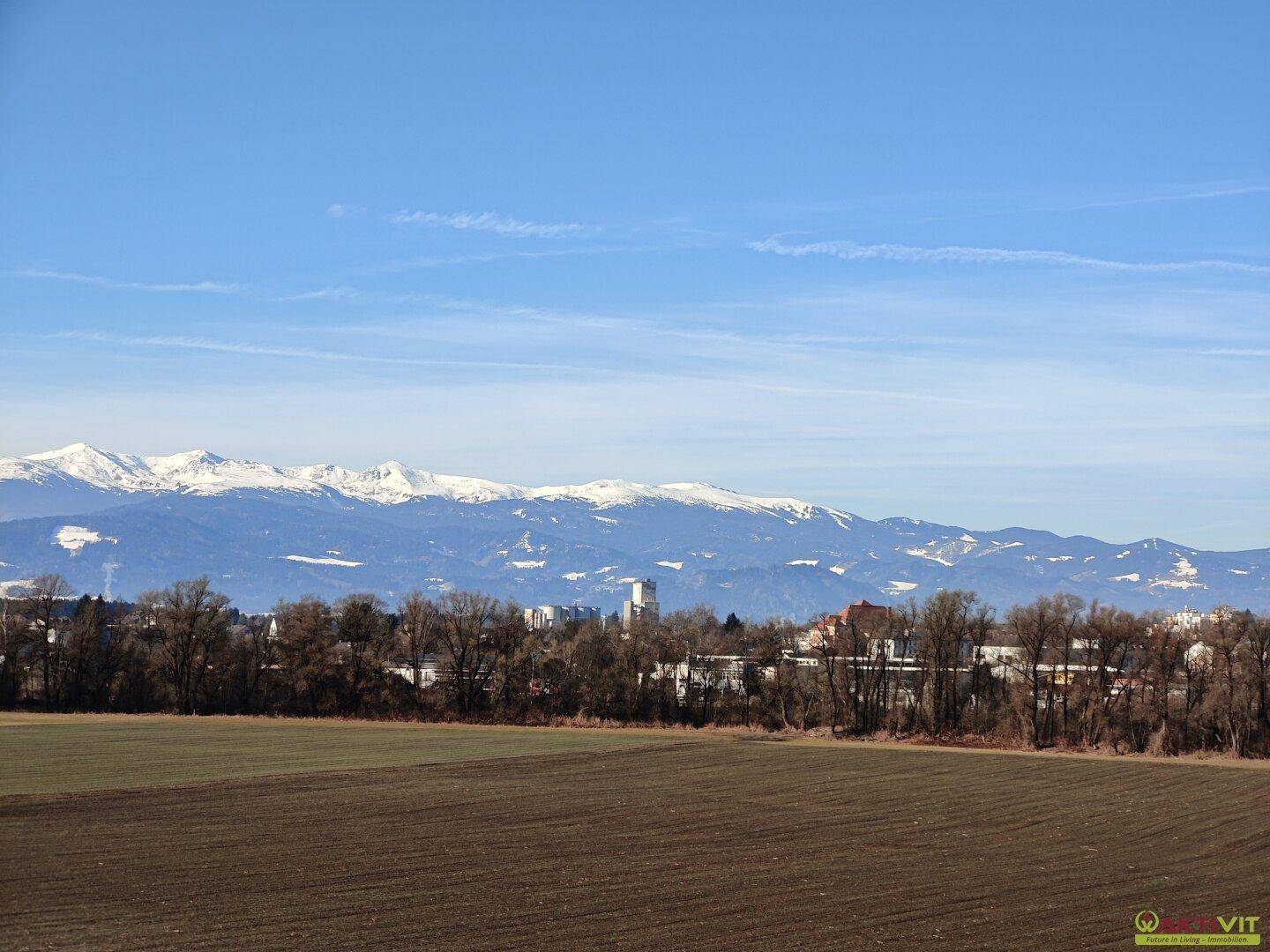 Weitläufiger Panoramablick auf schneebedeckte Berge, Felder und eine Baumreihe im Vordergrund.