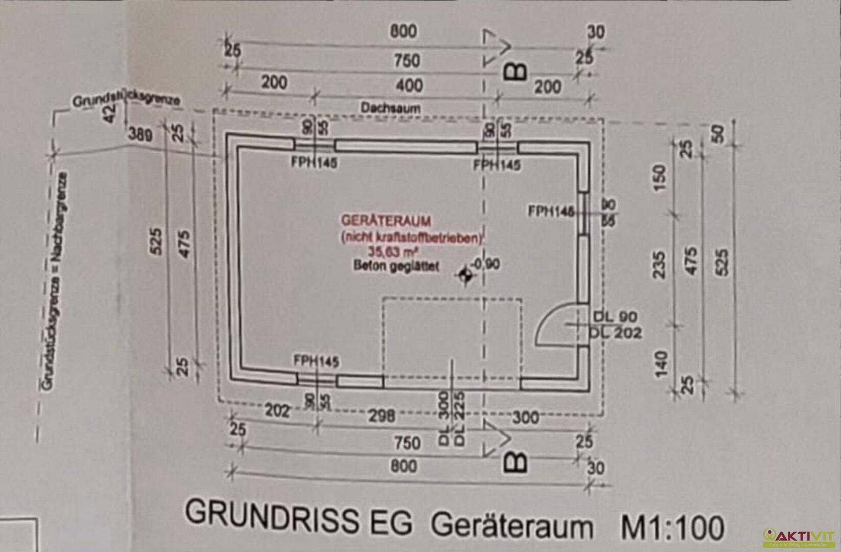Grundriss des Geräteraums im Erdgeschoss mit Abmessungen und Details.