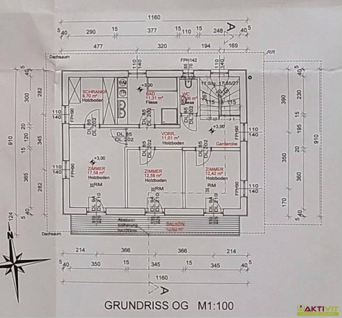 Grundriss des Obergeschosses mit drei Schlafzimmern, Bad und separatem WC.