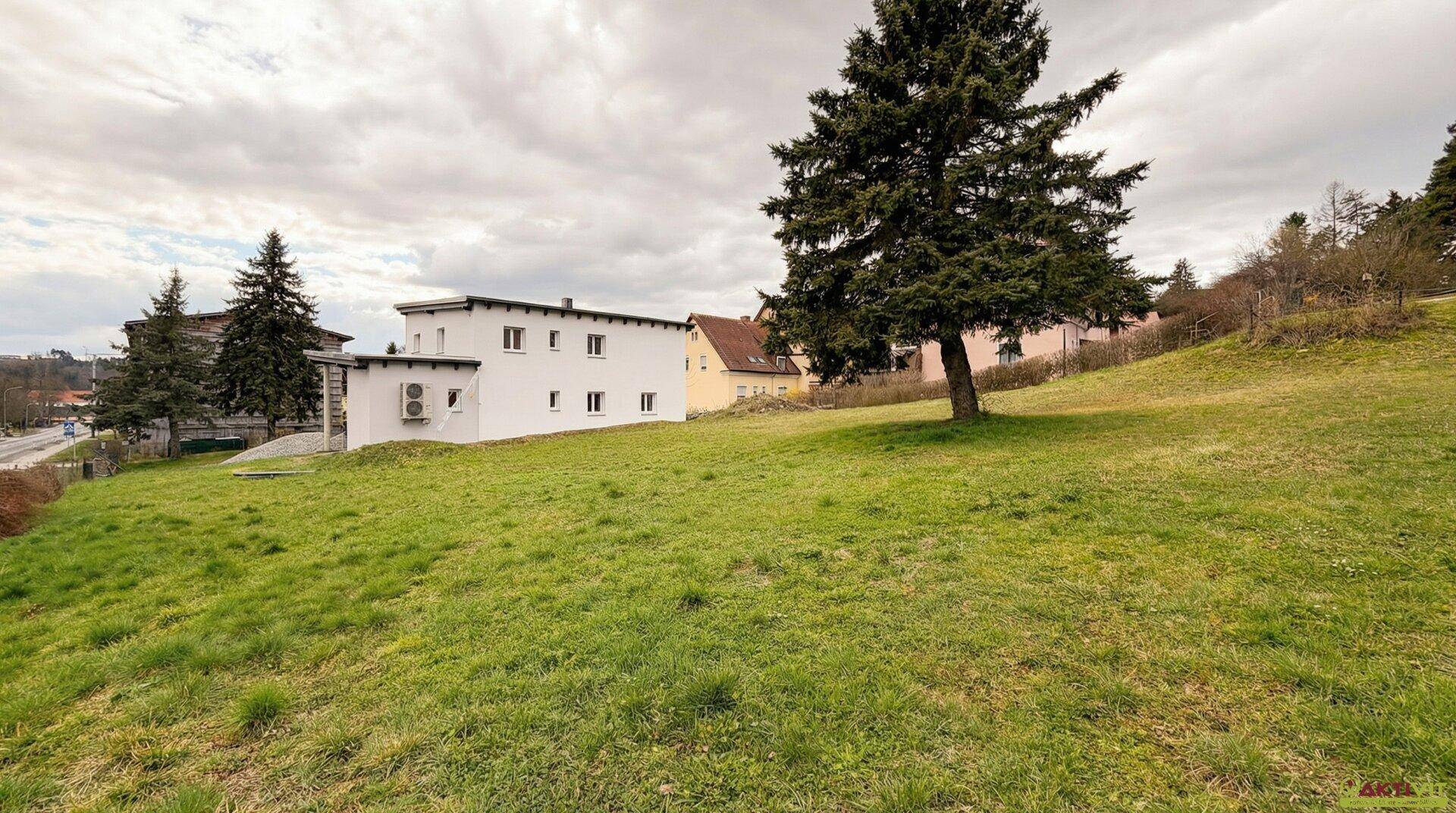 Weitläufiges grünes Grundstück mit Baumbestand und Blick auf die umliegende Bebauung.