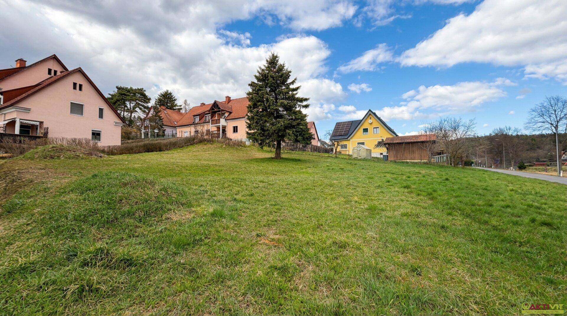 Hügeliges grünes Grundstück mit Baumbestand und Blick auf die umliegenden Häuser.