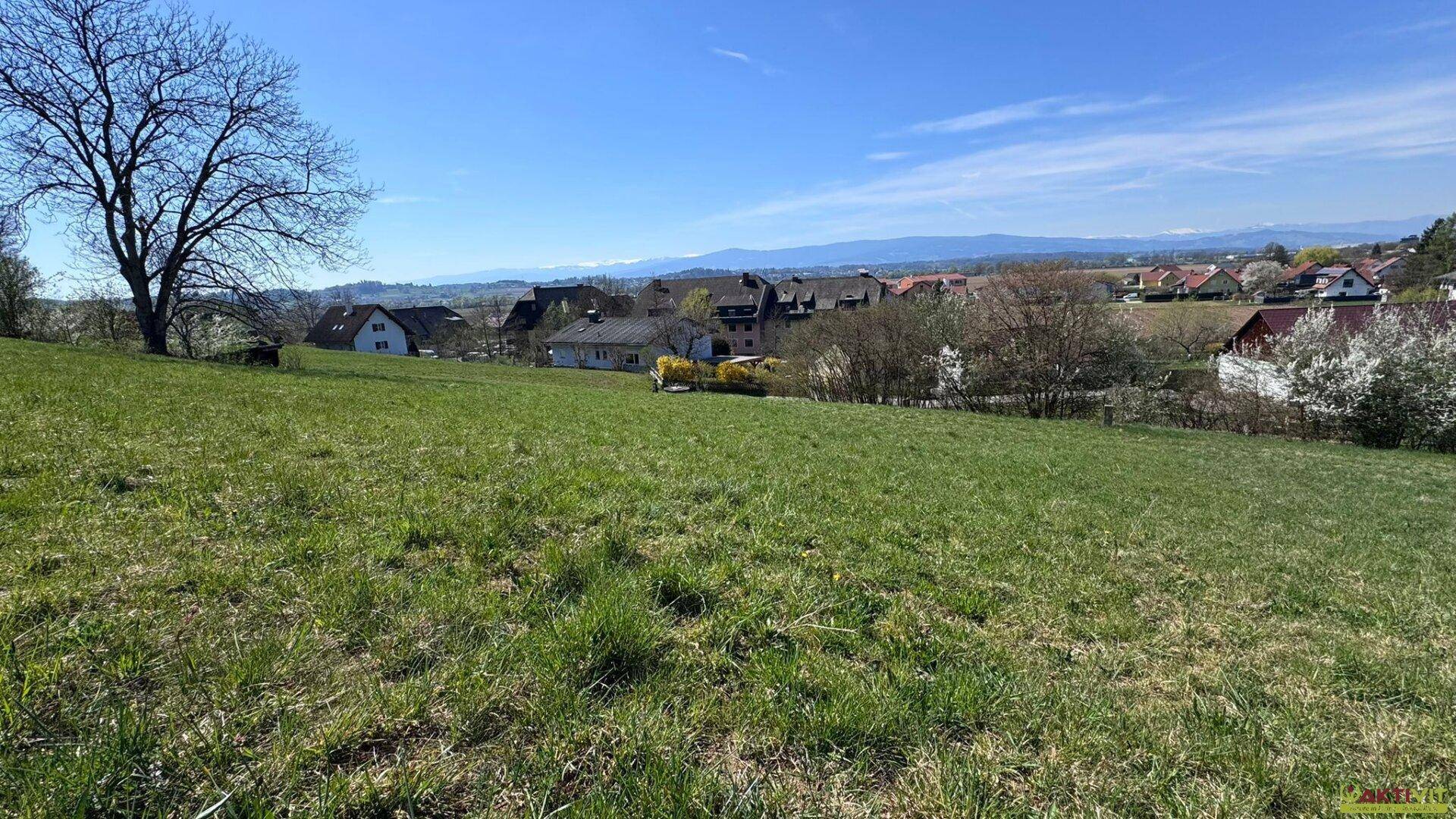 Weitläufiger Blick über eine grüne Landschaft mit Häusern und Bergen am Horizont.