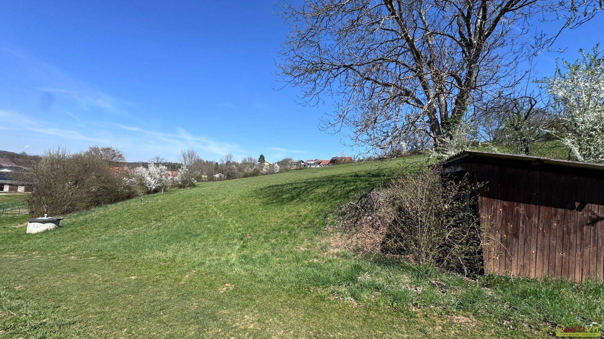 Grüne Hügellandschaft mit einem Baum, einer kleinen Holzhütte und Häusern im Hintergrund.