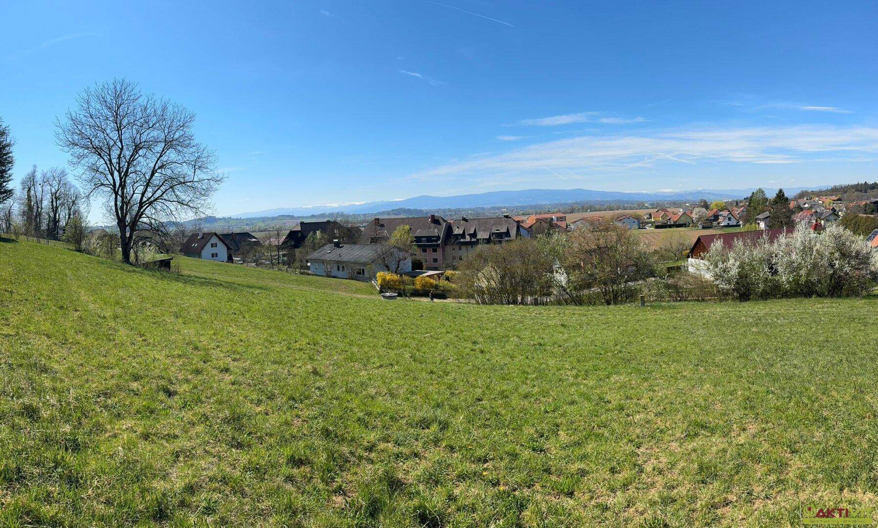 Breiter Ausblick über eine ländliche Siedlung mit grünen Feldern und Bergen am Horizont.