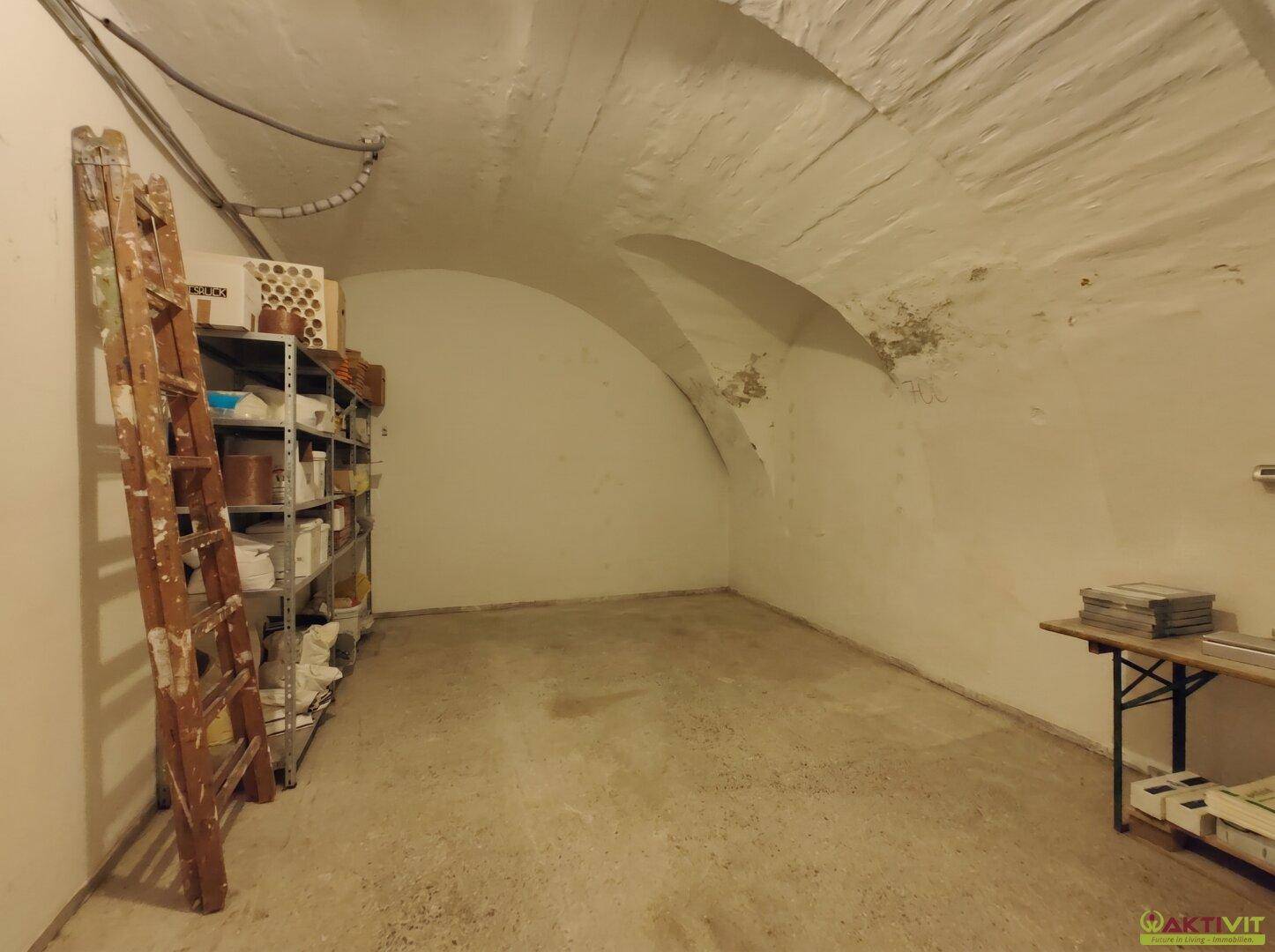 Kellerraum mit gewölbter Decke, Regalen und Betonboden, ideal als Lager.