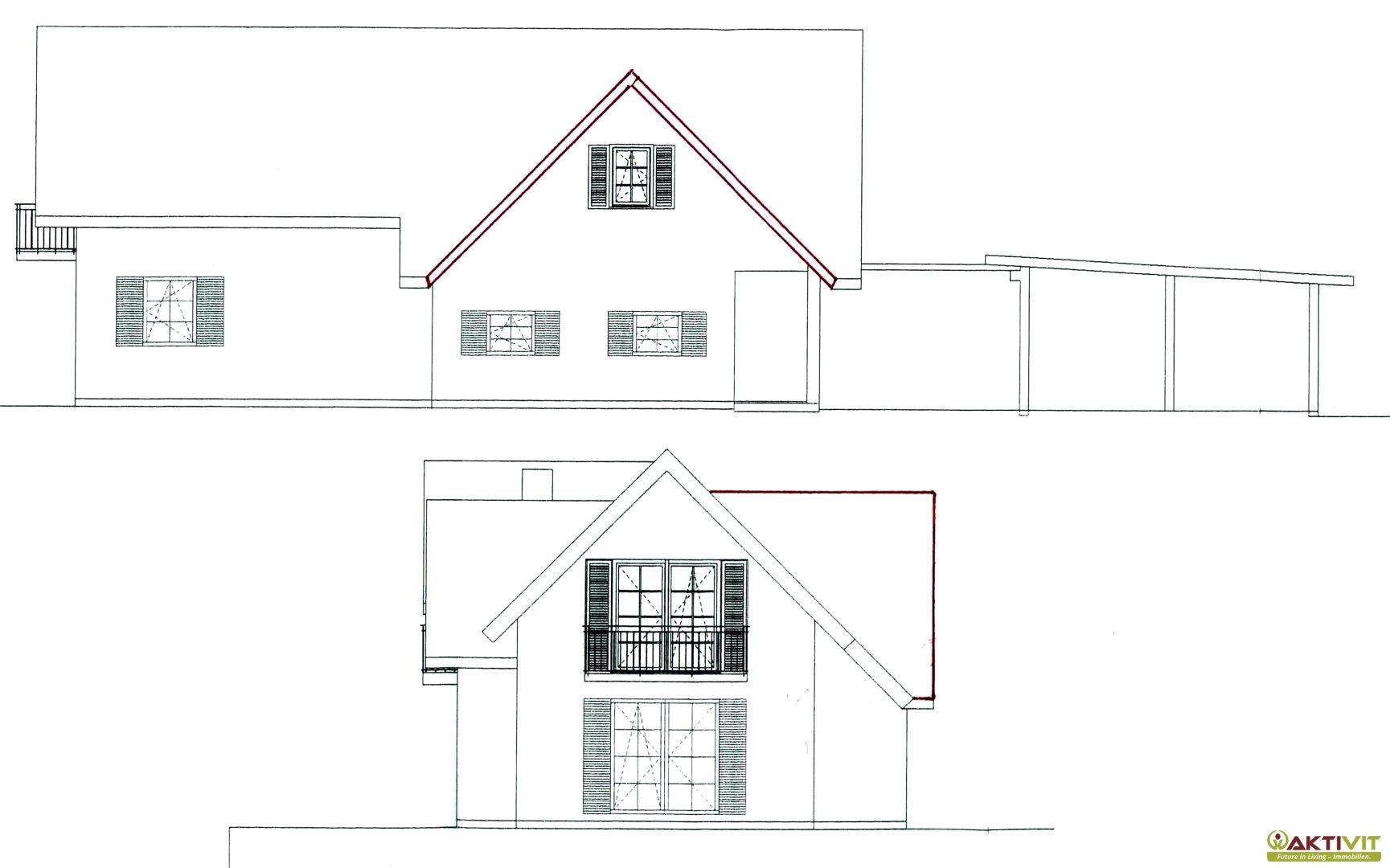 Architektonische Ansichten des Hauses mit Satteldach, Balkon und Carport.