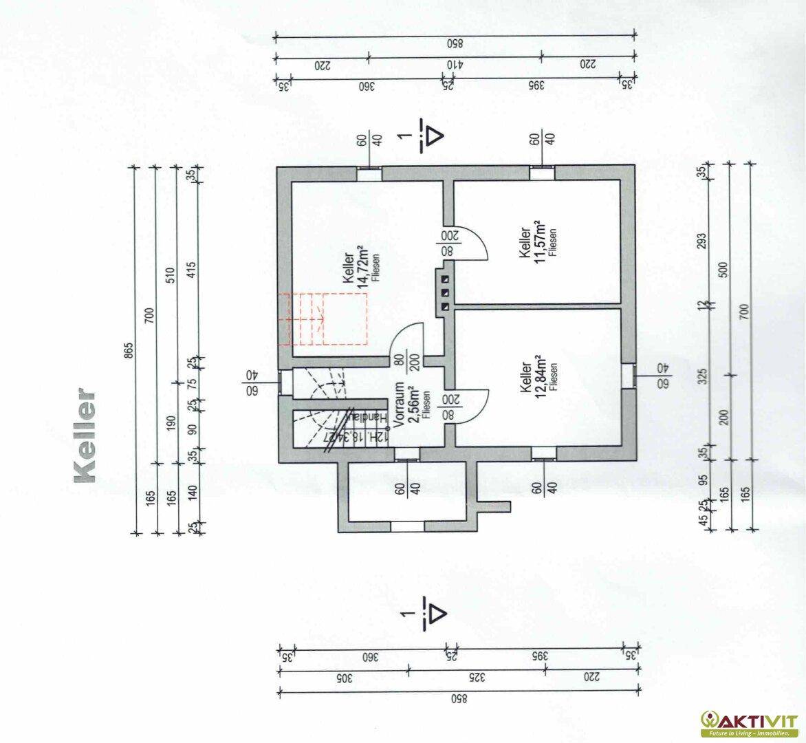 Grundriss des Kellers mit mehreren Kellerräumen und Stauraum.