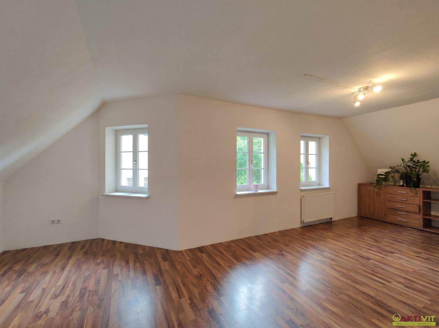 Geräumiger Dachbodenraum mit Holzboden und mehreren Fenstern, bereit zur Gestaltung.