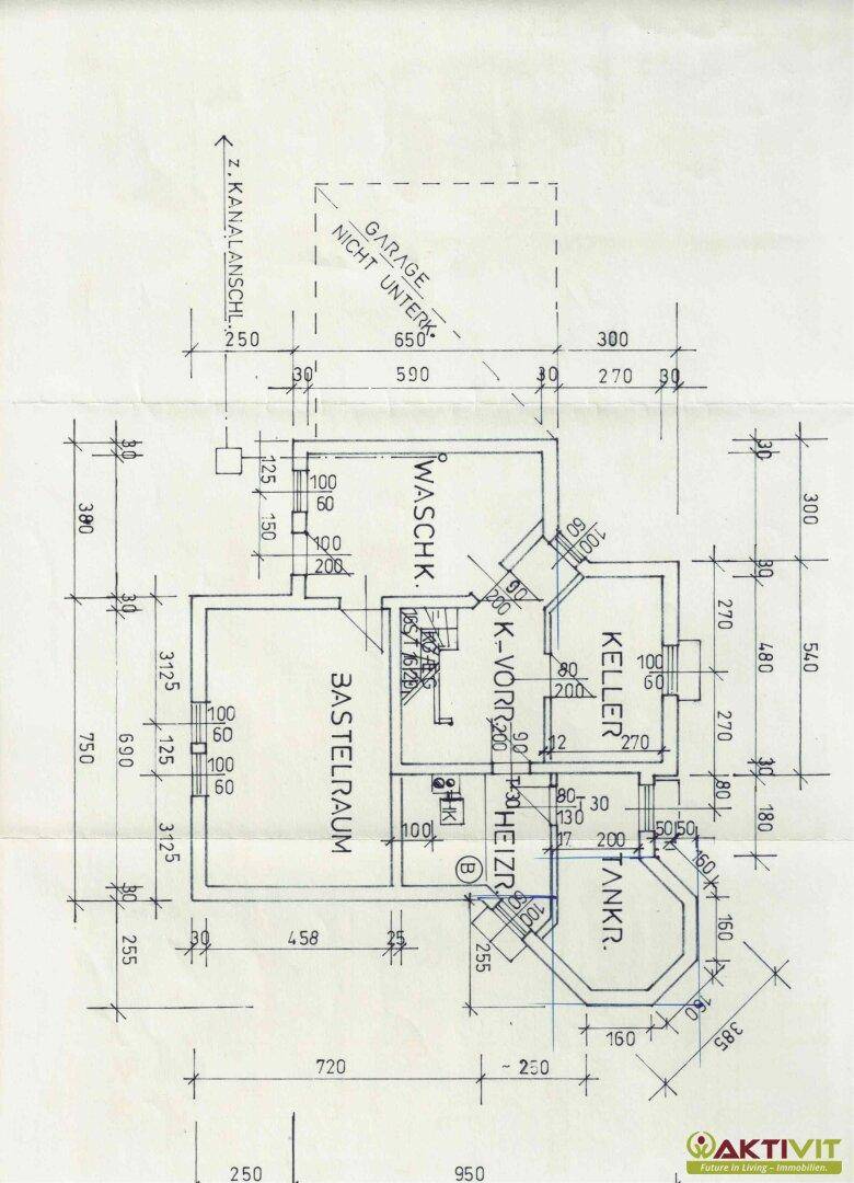 Grundriss des Kellergeschosses mit Waschküche, Bastelraum und Heizungsraum.