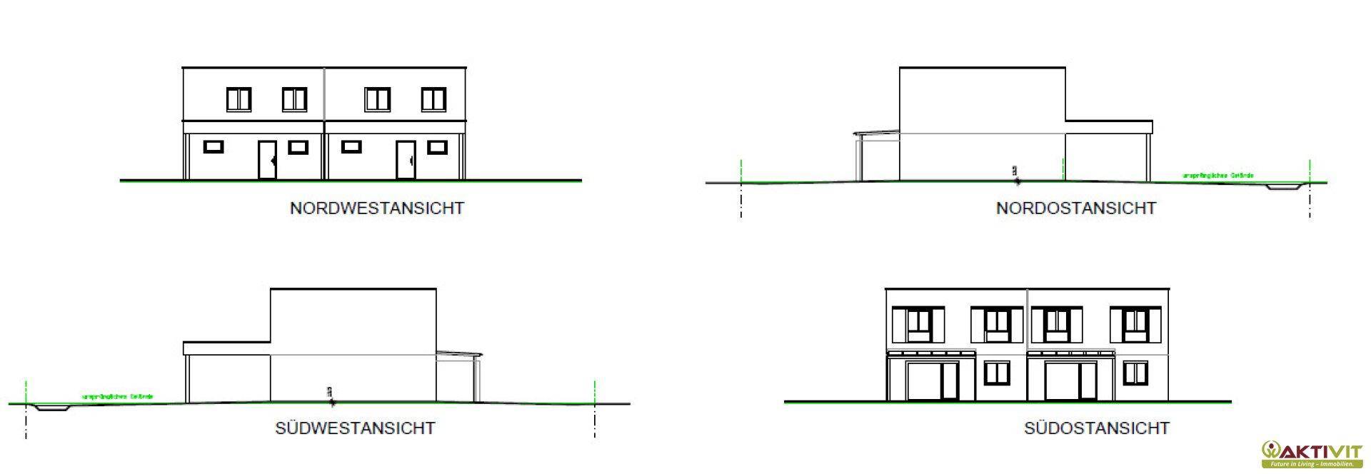 Architektonische Ansichten des Gebäudes von Nordwest, Nordost, Südwest und Südost.