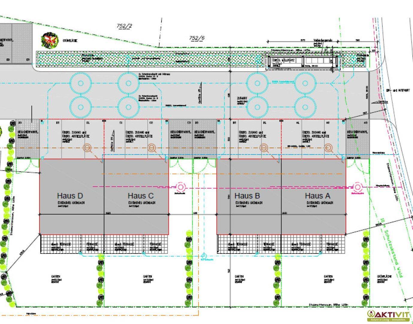 Lageplan der Reihenhäuser mit Gärten, Zufahrten und Stellplätzen für mehrere Fahrzeuge.
