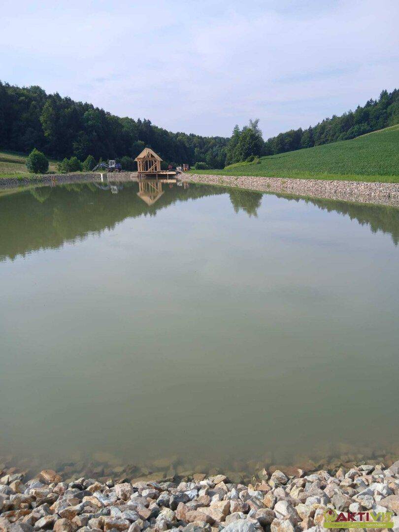 Idyllischer Teich mit einer Holzkonstruktion am Ufer, eingebettet in eine grüne Landschaft mit Wäldern und Feldern unter blauem Himmel.