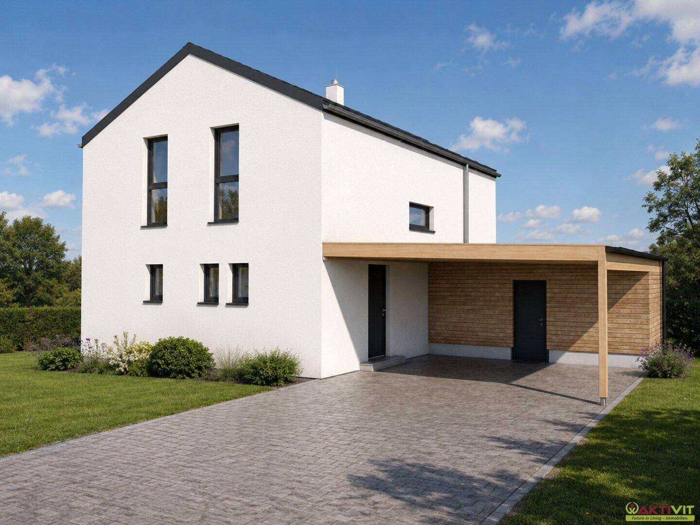 Vorderansicht eines modernen Einfamilienhauses mit Carport, gepflasterter Auffahrt und schlichter Architektur.