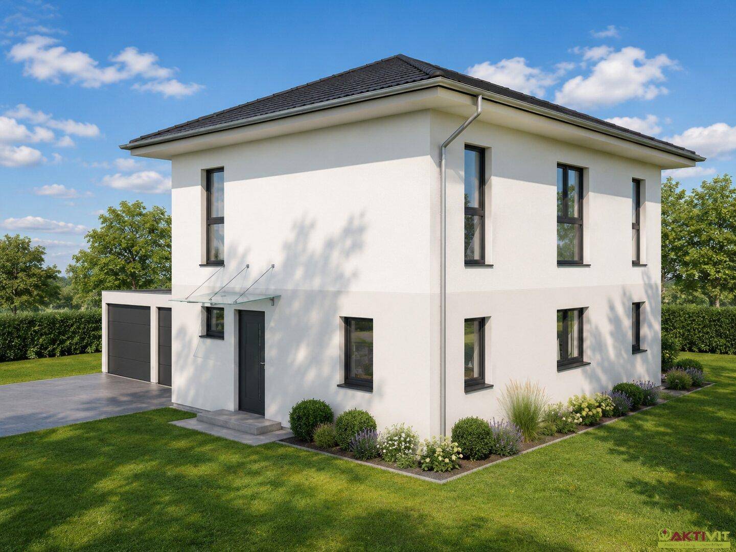 Ansicht des modernen Einfamilienhauses mit integrierter Garage und gepflegtem Vorgarten.