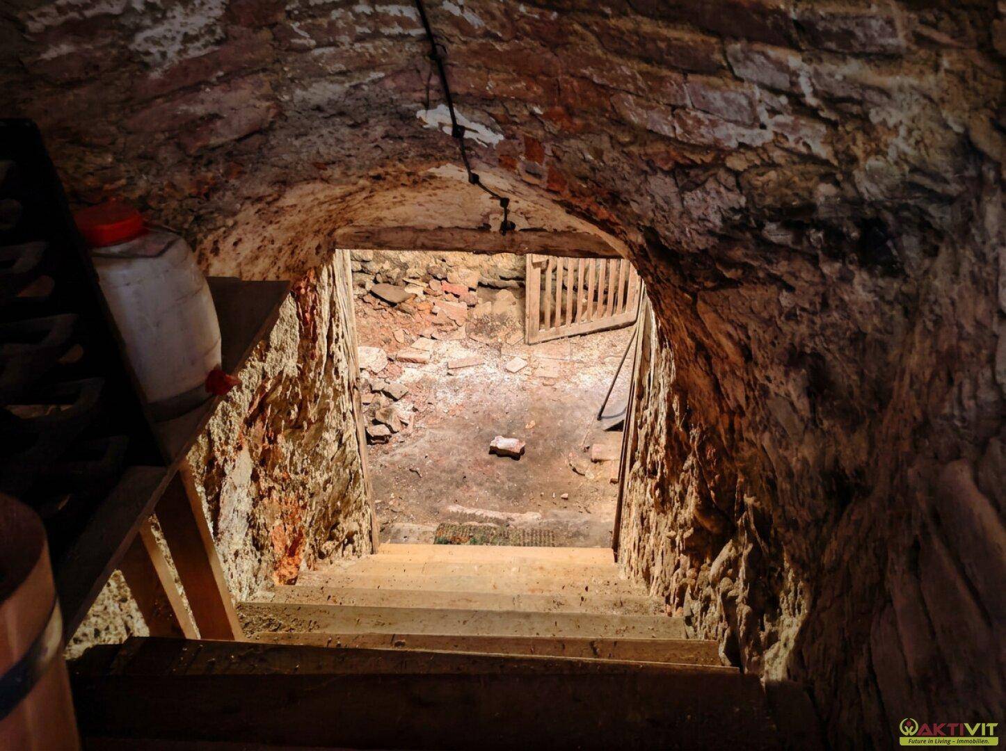 Historischer Gewölbekeller mit Ziegelwänden und Holztreppe, ideal zur Lagerung von Wein.