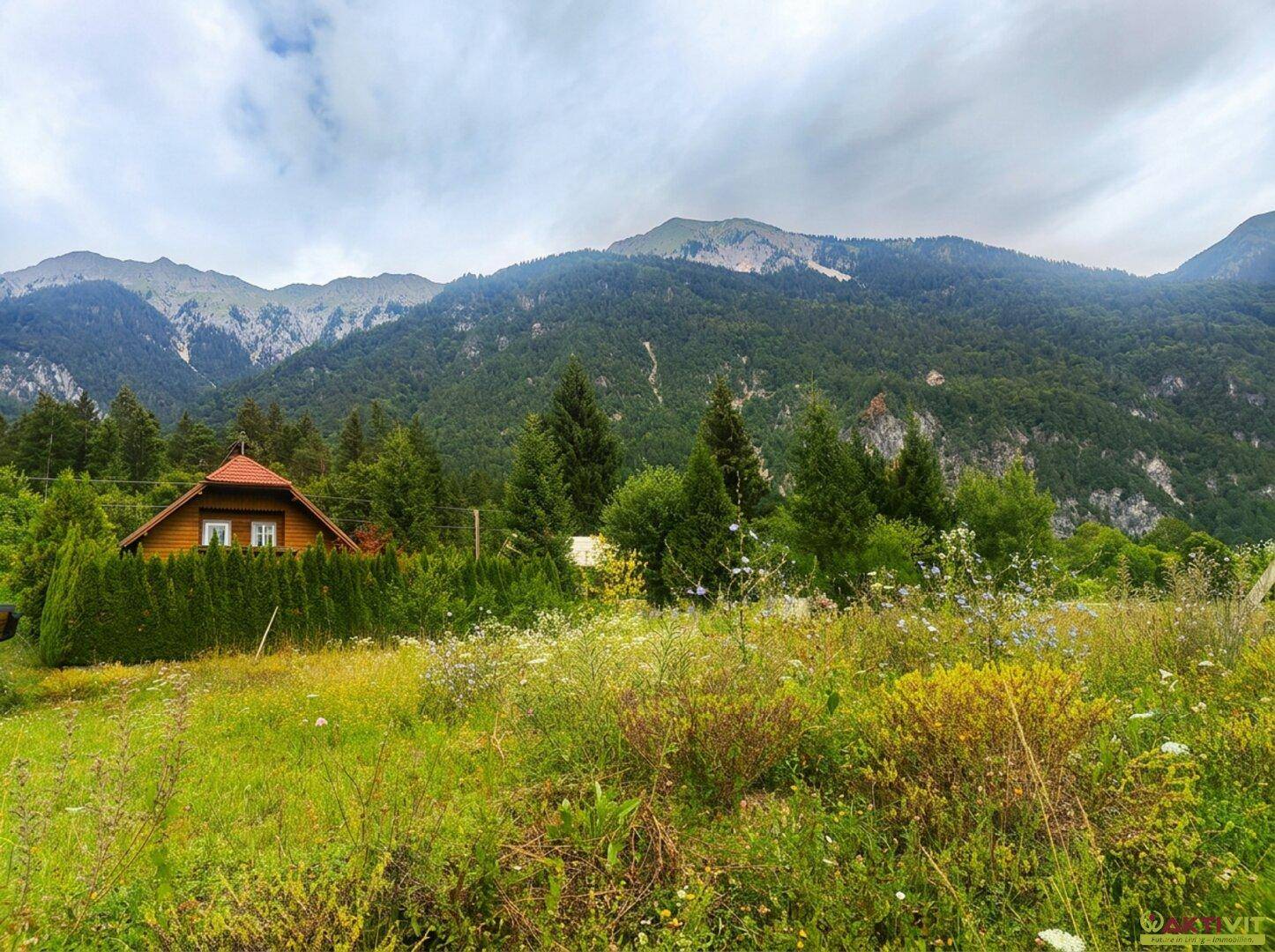 Kleines Haus hinter einer Hecke mit beeindruckendem Bergblick und grüner Landschaft.