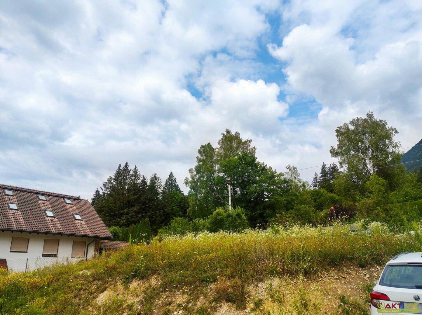 Weitläufige Wiese vor einem Haus mit Dachfenstern, umgeben von Bäumen und Bergen.