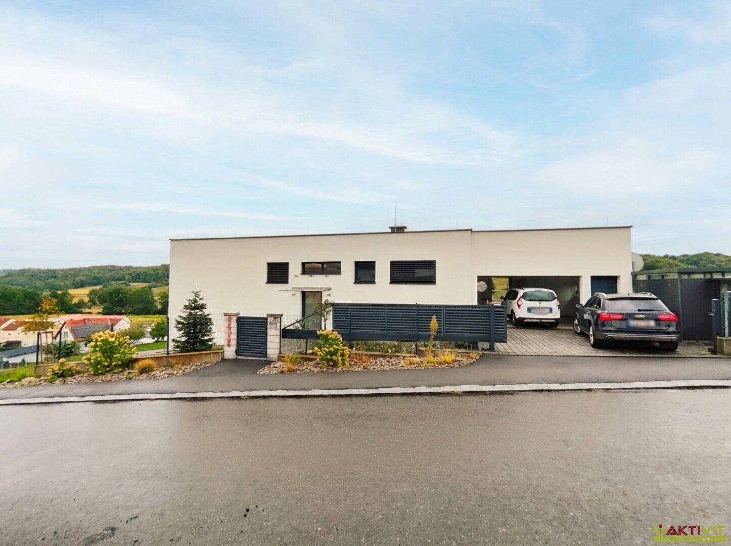 Gesamtansicht des modernen Hauses mit weißer Fassade, Garagenzufahrt und Stellplätzen.