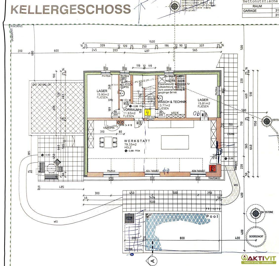 Grundriss des Kellergeschosses mit Lager, Waschküche, Werkstatt und einem Poolbereich.