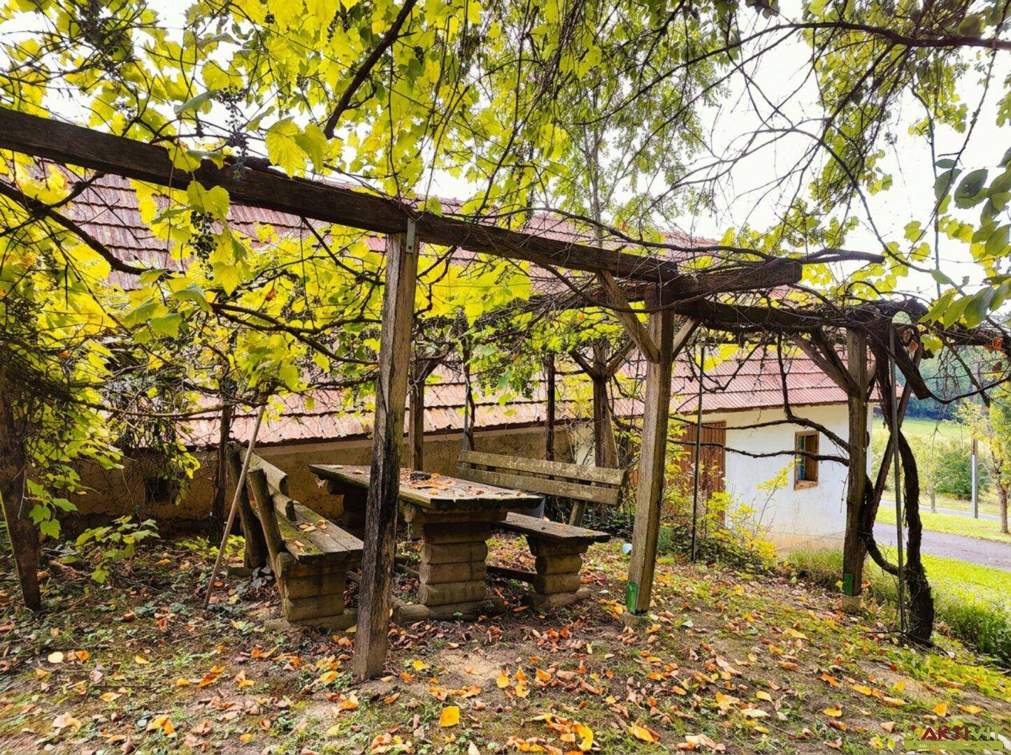 Rustikaler Sitzbereich im Freien unter einer bewachsenen Pergola, ideal für entspannte Stunden.