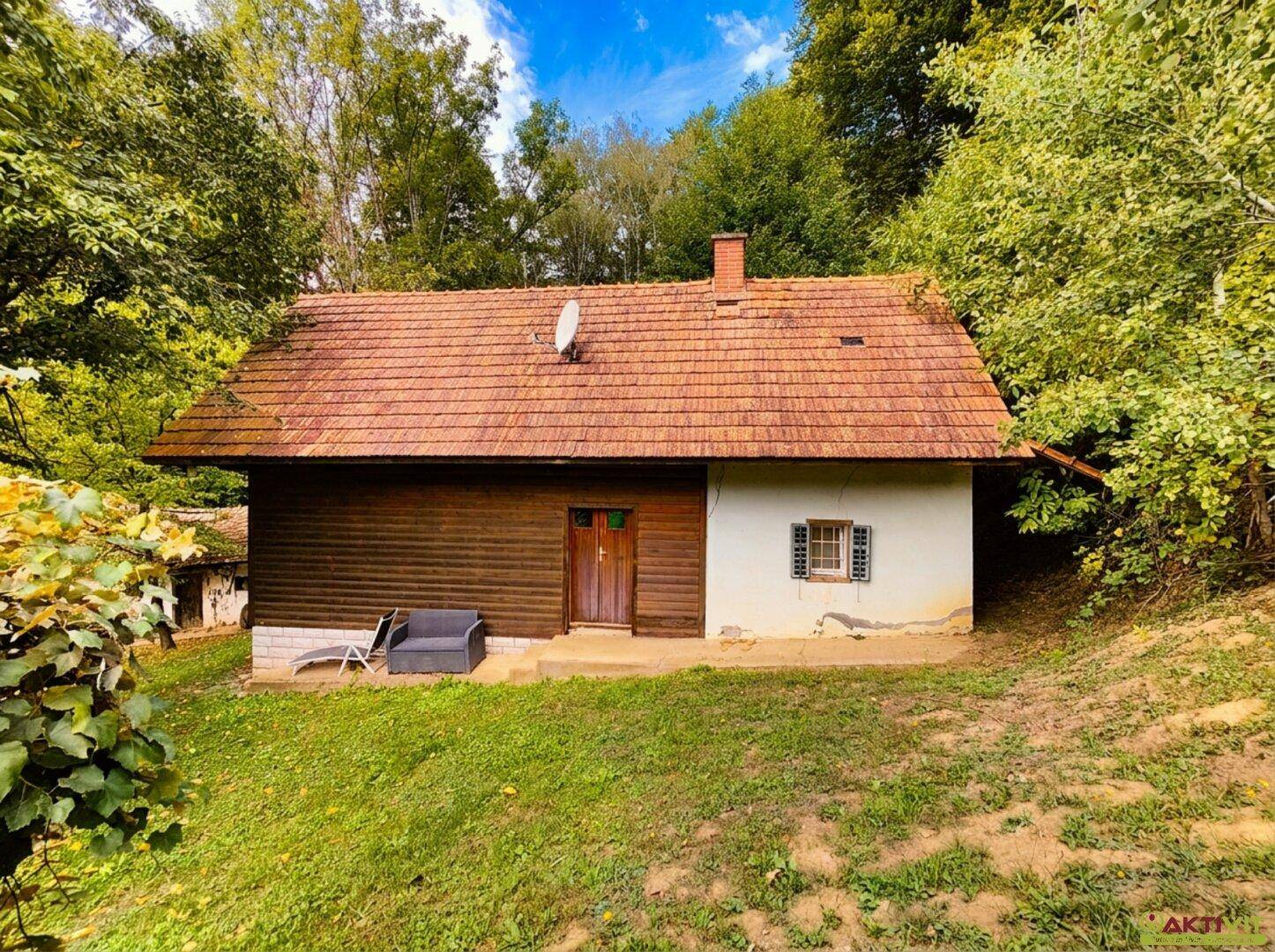 Vorderansicht eines gemütlichen Landhauses mit Holztür und kleinen Fenstern, umgeben von Natur.