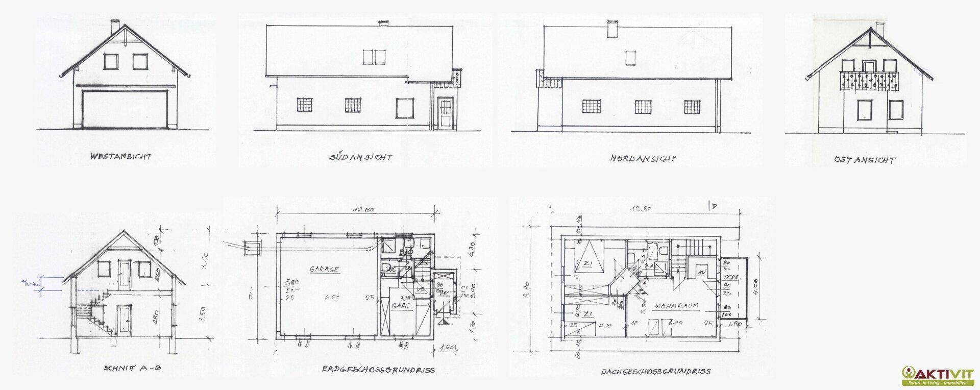 Übersicht der Ansichten und Grundrisse des Erd- und Dachgeschosses mit Garage.