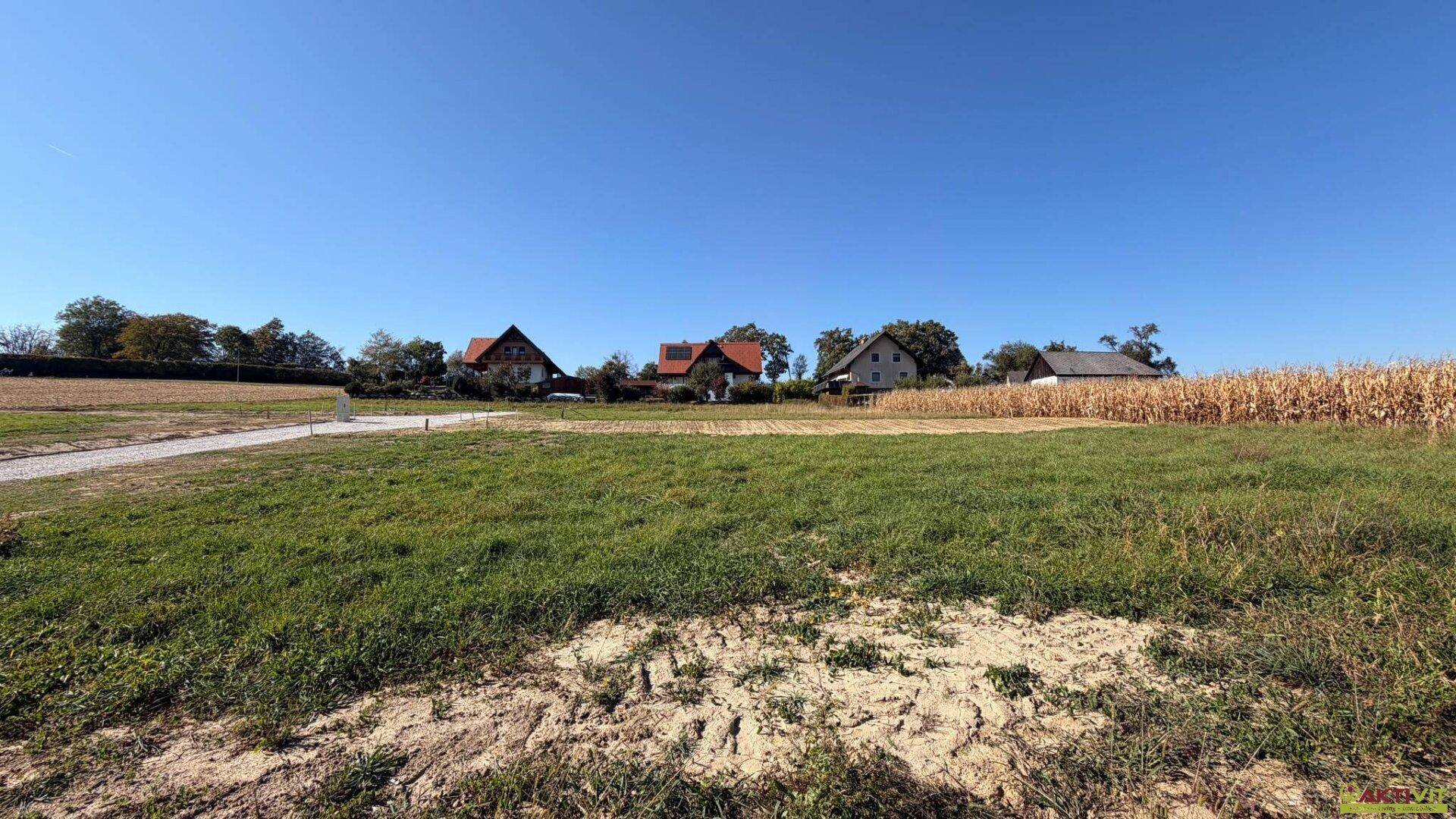 Weitläufiges Baugrundstück mit Gras und Erde, umgeben von ländlicher Bebauung und Natur.