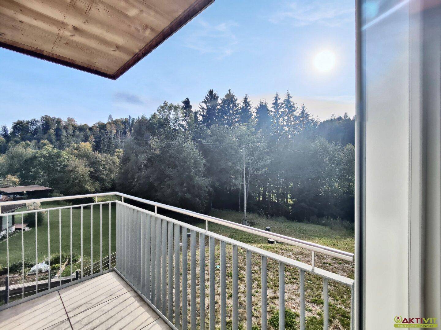 Sonniger Balkon mit Panoramablick auf die bewaldete Umgebung, perfekt für Morgenkaffee.