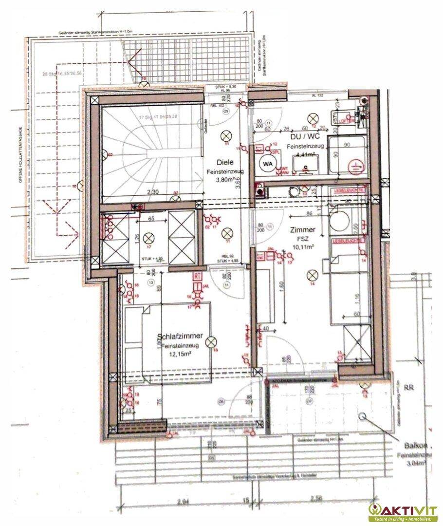 Grundriss des Obergeschosses mit zwei Schlafzimmern, Bad und Balkon.