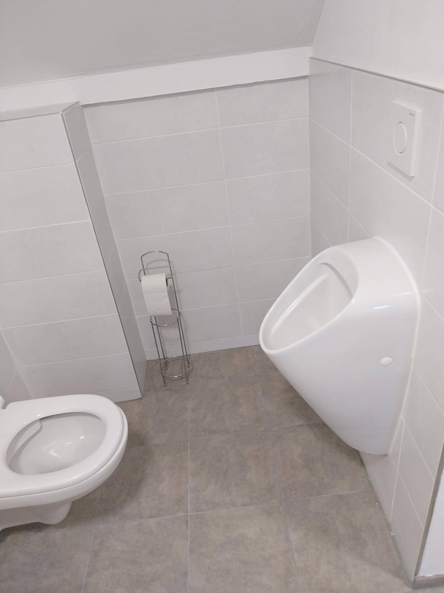 Helles WC mit weißen Fliesen, einem Urinal und einer Toilette unter der Dachschräge.
