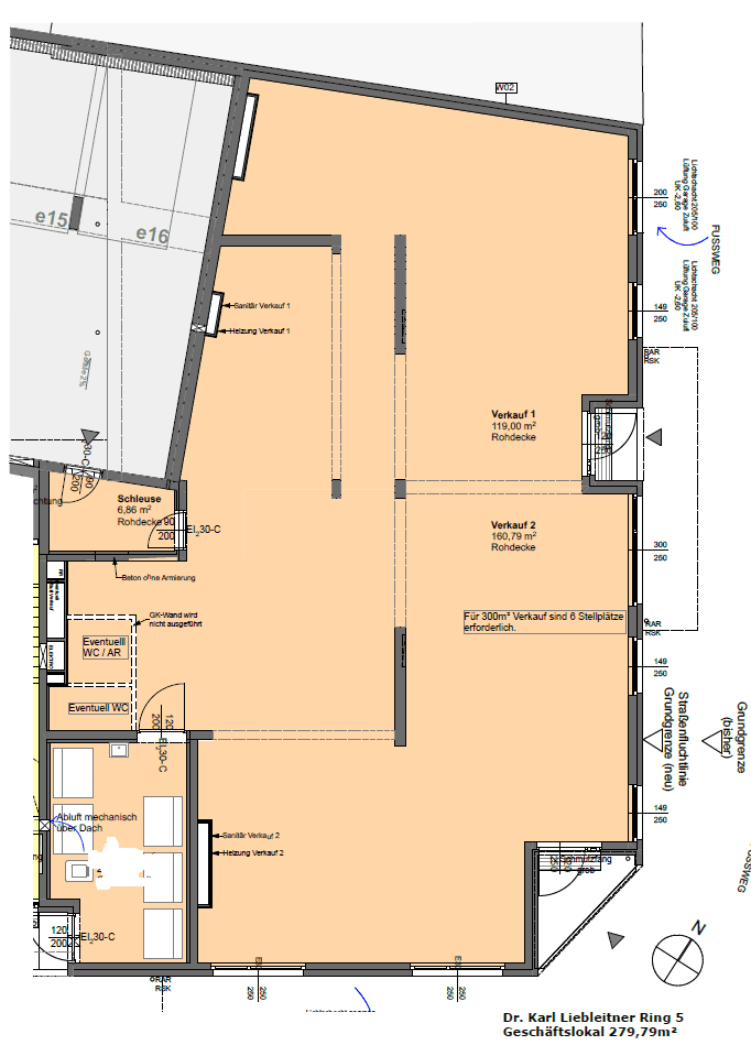 Grundriss eines Geschäftslokals mit zwei Verkaufsflächen und mehreren Sanitärbereichen.