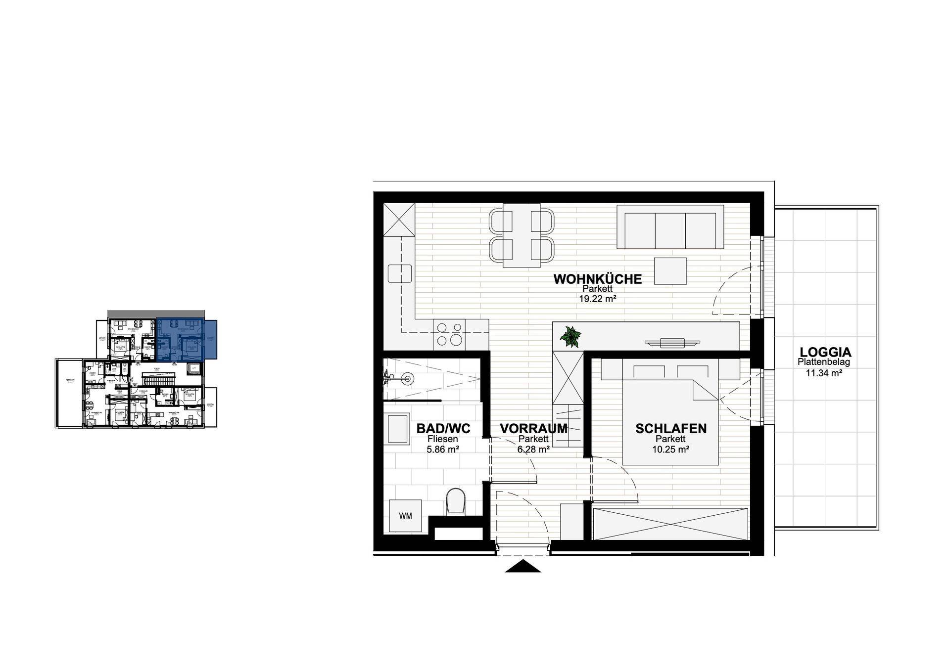 Detaillierter Grundriss einer Wohnung mit Wohnküche, Schlafzimmer, Bad und Loggia.