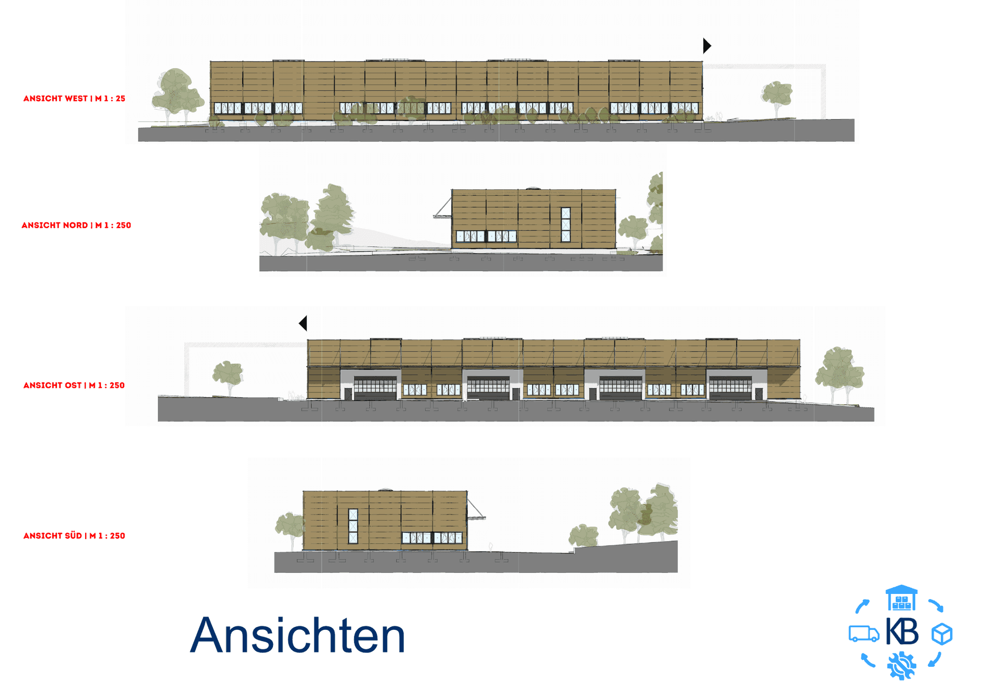 Architektonische Ansichten der Gewerbehalle aus verschiedenen Himmelsrichtungen.
