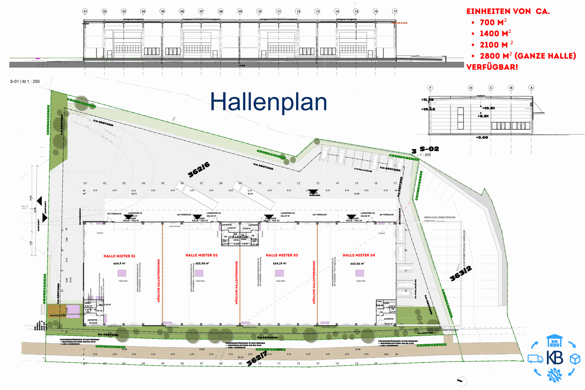 Grundrissplan der Gewerbehalle mit vier Mieteinheiten und detaillierten Flächenangaben.