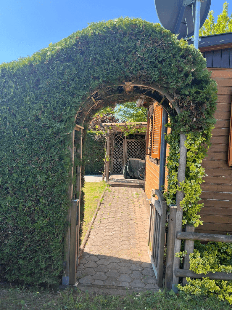 Grüner Torbogen aus Hecken führt zum Eingang eines Holzhauses mit Fensterläden.