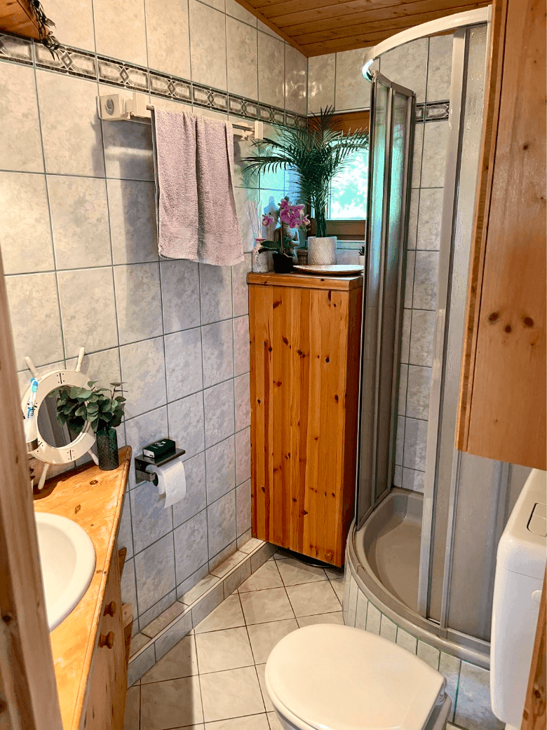 Kleines Badezimmer mit Duschkabine, WC, Waschbecken und Holzschrank.