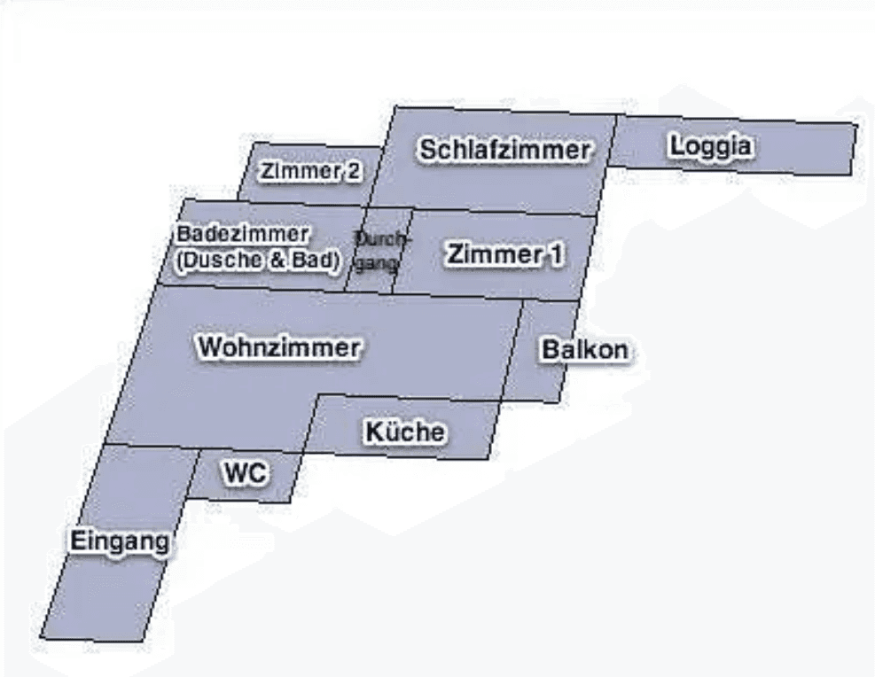 Grundriss der Wohnung mit Zimmern, Bad, WC, Küche, Wohnzimmer, Balkon und Loggia.